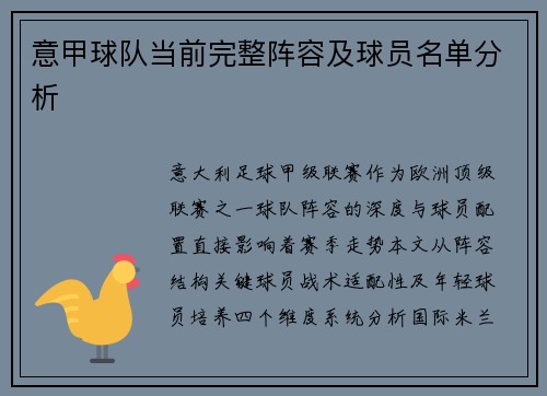 意甲球队当前完整阵容及球员名单分析