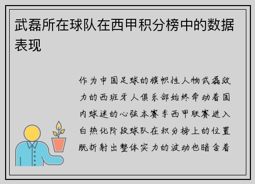 武磊所在球队在西甲积分榜中的数据表现