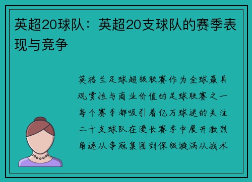 英超20球队：英超20支球队的赛季表现与竞争