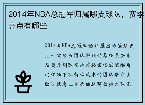 2014年NBA总冠军归属哪支球队，赛季亮点有哪些